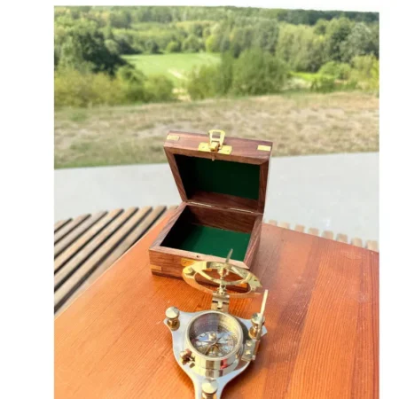 Antique Brass Sundial Compass with Wooden Box – Vintage Maritime Navigation Instrument – Nautical Collectible Gift-Free Shipping