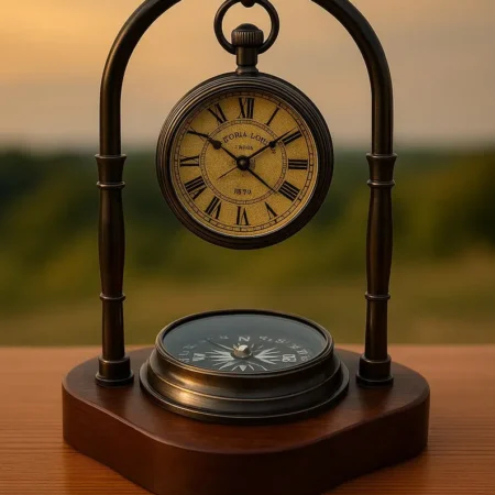 Victorian Style Desk Clock with Compass – Antique Brass Timepiece on Wooden Base – Nautical Decor with compass.