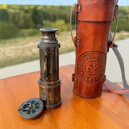 Vintage Brass Telescope & Compass Set: Nautical Decor with Leather Case